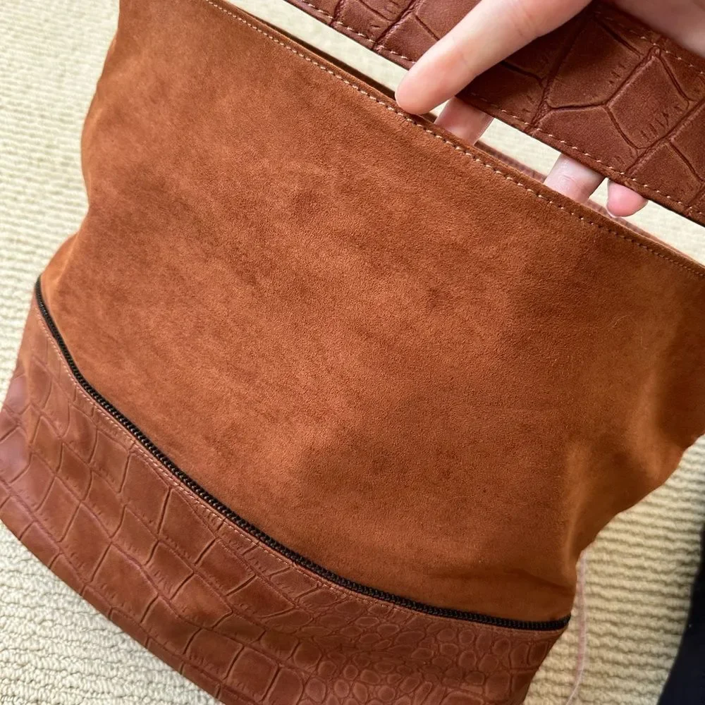 NEW Neiman Marcus Brand Brown/Rust Suede Hobo Shoulder Bag with Zip Closure